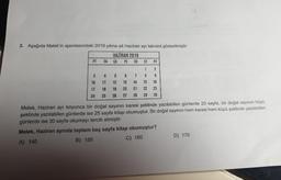 2. Aşağıda Melek'in ajandasındaki 2019 yılına ait Haziran ayı takvimi gösterilmiştir.
HAZİRAN 2019
ÇA PE CU CT PZ
PT
3
10
17
24
SA
1
2
4
5
6
7
8
9
11
12
13
14 15
16
18
19
20 21 22 23
25 26 27 28 29 30
Melek, Haziran ayı boyunca bir doğal sayının karesi şeklinde yazılabilen günlerde 20 sayfa, bir doğal sayının küpü
şeklinde yazılabilen günlerde ise 25 sayfa kitap okumuştur. Bir doğal sayının hem karesi hem küpü şeklinde yazılabilen
günlerde ise 30 sayfa okumayı tercih etmiştir.
Melek, Haziran ayında toplam kaç sayfa kitap okumuştur?
A) 140
B) 150
C) 160
D) 170