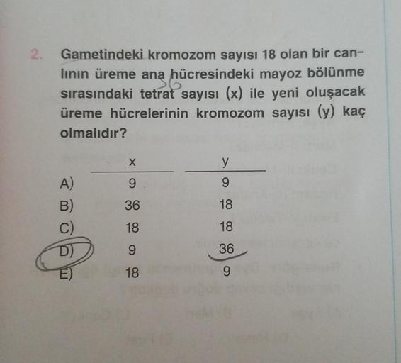 2.
Gametindeki kromozom sayısı 18 olan bir can-
lının üreme ana hücresindeki mayoz bölünme
sırasındaki tetrat sayısı (x) ile yeni oluşacak
üreme hücrelerinin kromozom sayısı (y) kaç
olmalıdır?
A)
B)
C)
D)
E)
X
9
36
18
888
9
18
y
9
18
18
36
9