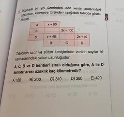 29. Doğrusal bir yol üzerindeki dört kentin aralarındaki
uzaklıklar, kilometre türünden aşağıdaki tabloda göste-
rilmiştir.
A
B
C
x +90
x + 40
B
3x - 100
C
OS (0
Tablonun satır ve sütun kesişiminde verilen sayılar iki
kent arasındaki yolun uzunluğudur.
noyilisiq
2x + 10
D
A, C, B ve D kentleri sıralı olduğuna göre, A ile D
kentleri arası uzaklık kaç kilometredir? a = lal
A) 180
B) 200
C) 310
E) 420
löd D) 360
lasty
at (8 St (A
SCO
ib DA
ON (3