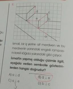 ğru
u
1-
9.
b
İsmail, bir iş yerine ait merdiven ve bu
merdivenin yanındaki engelli rampasi-
ni kareli kağıda yukarıdaki gibi çiziyor.
İsmail'in yapmış olduğu çizimle ilgili,
aşağıda verilen sembolle gösterim-
lerden hangisi doğrudur?
A) ald
C) ale
B) die
D) blc