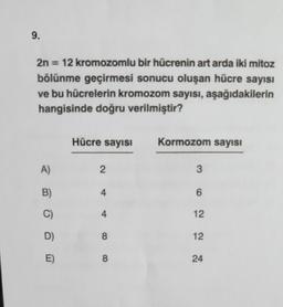 9.
2n = 12 kromozomlu bir hücrenin art arda iki mitoz
bölünme geçirmesi sonucu oluşan hücre sayısı
ve bu hücrelerin kromozom sayısı, aşağıdakilerin
hangisinde doğru verilmiştir?
A)
B)
C)
D)
E)
Hücre sayısı
2
4
8
8
Kormozom sayısı
3
6
12
12
24