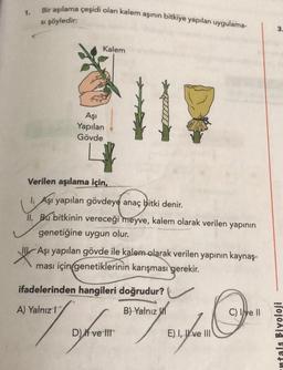 1.
Bir aşılama çeşidi olan kalem aşının bitkiye yapılan uygulama-
si şöyledir:
Kalem
Aşı
Yapılan
Gövde
Verilen aşılama için,
1. Aşı yapılan gövdeye anaç bitki denir.
II. Bu bitkinin vereceği meyve, kalem olarak verilen
genetiğine uygun olur.
Aşı yapılan gövde ile kalem olarak verilen yapının kaynaş-
ması için genetiklerinin karışması gerekir.
ifadelerinden hangileri doğrudur?
A) Yalnız I
B) Yalnız
yapının
ofer eher
D) ve Ill
E) I, II ve III
C) Ive II
3.
ntals Biyoloji