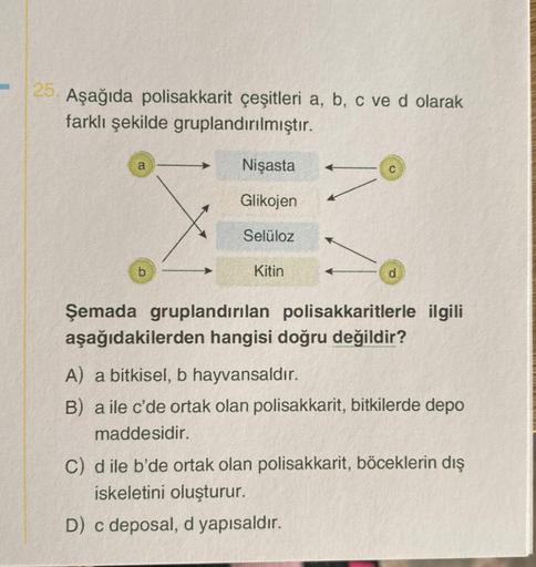25. Aşağıda polisakkarit çeşitleri a, b, c ve d olarak
farklı şekilde gruplandırılmıştır.
a
Nişasta
Glikojen
Selüloz
Kitin
d
Şemada gruplandırılan polisakkaritlerle ilgili
aşağıdakilerden hangisi doğru değildir?
A) a bitkisel, b hayvansaldır.
B) a ile c'de