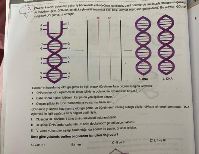 7. DNA'nın kendini eşlemesi; gelişmiş hücrelerde çekirdeğinin içerisinde, basit hücrelerde ise sitoplazmalarının içerisin-
de meydana gelir. DNA'nın kendini eşlemesi sırasında belli başlı olaylar meydana gelmektedir. Bu olayları Gökhan
aşağıdaki gibi şemat