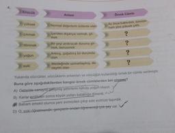 Sözcük
yüksek
çıkmak
dönmek
yoğun
eski
Anlam
Normal değerlerin üstünde olan
İçeriden dışarıya varmak, git-
mek
Bir şeyi andıracak duruma gir-
mek, benzemek
Artmış, çoğalmış bir durumda
olan
Mesleğinde uzmanlaşmış, de-
neyimi olan
Örnek Cümle
Az önce baktırdım, tansiyo-
num yine yüksek çıktı.
?
?
Yukarıda sözcükler, sözcüklerin anlamları ve sözcüğün kullanıldığı örnek bir cümle verilmiştir.
Buna göre aşağıdakilerden hangisi örnek cümlelerden biri olamaz?
A) Genelde-sanayisi gelişmiş şehirlerin nüfusu yoğun oluyor.
B) Karlar eridikten sonra köyün yolları bataklığa dönerdi.
Babam emekli olunca yeni evimizden çıkıp eski evimize taşındık.
D) Q, eski öğretmendir; gençlerin ondan öğreneceği çok şey var.