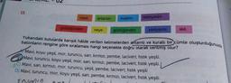 13.
nasıl
güldüğünden
anlarsın
neye
insanın
güldüğünden
terbiyesini
seviyesini
akıl
Yukarıdaki kutularda karışık hâlde verilen kelimelerden anlamlı ve kurallı bir cümle oluşturduğunuzda
balonların rengine göre sıralaması hangi seçenekte doğru olarak verilmiş olur?
Mavi, koyu yeşil, mor, turuncu, sarı, kırmızı, pembe, lacivert, fıstık yeşili.
Mavi, turuncu, koyu yeşil, mor, sarı, kırmızı, pembe, lacivert, fıstık yeşili.
C) Mavi, sarı, kırmızı, mor, turuncu, yeşil, pembe, lacivert, fıstık yeşili
D) Mavi, turuncu, mor, koyu yeşil, sarı, pembe, kırmızı, lacivert, fıstık yeşili.
1082019