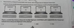 3.
Beyza katılmış olduğu bir yarışmadan ödül olarak 14975 ₺ değerinde bir bilgisayar kazanmıştır.
Hediyeyi almak istediği teknoloji marketinde bulunan 4 farklı bilgisayar modeli ve fiyatları verilmiştir.
NAROVO
X4
NAROVO
X1
14975 t
NAROVO
X2
16999
NAROVO
X3
19860
C) 4885
22099
Beyza, aradaki fiyat farkını ödeyerek istediği bilgisayarı alabildiğine göre aşağıdakilerden hangi seçe-
nekteki farkı ödeyerek bilgisayar almış olamaz?
A) 0
B) 2024
D) 7204