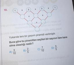 10.
1
X
3
3
A) 10
X
X
X
3
X
X
riigi pinorism tid god the stoler
ibotlomeüb
evchenoptem
1
se fils minis
Yukarıda ters bir çarpım piramidi verilmiştir. T
Buna göre bu piramitten seçilen bir sayının tam kare
olma olasılığı nedir?
2
7
C).
B) =/
5
10
gol u
1801
3
D) //
soobra sbutuxori saslutus nelliev shigee Or
2302