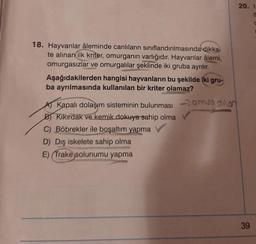 18. Hayvanlar âleminde canlıların sınıflandırılmasında dikka-
te alınan ilk kriter, omurganın varlığıdır. Hayvanlar âlemi,
omurgasızlar ve omurgalılar şeklinde iki gruba ayrılır.
Aşağıdakilerden hangisi hayvanların bu şekilde iki gru-
ba ayrılmasında kullanılan bir kriter olamaz?
A Kapalı dolaşım sisteminin bulunması ornung dilan
B) Kıkırdak ve kemik dokuya sahip olma
C) Böbrekler ile boşaltım yapma
D) Dış iskelete sahip olma
E) (Trake solunumu yapma
20. 1
th
39