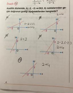 Örnek: (12)
-2-6
Analitik düzlemde, A(-2,-2) ve B(2, 6) noktalarından ge-
çen doğrunun grafiği aşağıdakilerden hangisidir?
7-2
Ø
4
O
YA
2
AY
-10
1-2.(-2)
x144
2+3
Ⓒ
X
9
-3
-2-2
X²
12
-2 O
2+4
0-ST+Y
AY
2
-2 O
O
YA
2+6
X
3 3-2.(-2)
3+4
X