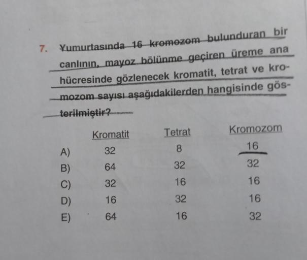 Yumurtasında 16 kromozom bulunduran bir
canlının, mayoz bölünme geçiren üreme ana
hücresinde gözlenecek kromatit, tetrat ve kro-
-mozom sayısı aşağıdakilerden hangisinde gös-
terilmiştir?
7.
A)
B)
C)
D)
E)
Kromatit
32
64
32
16
64
Tetrat
8
32
16
32
16
Kromo