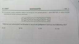 MATEMATİK
18. i satırdan oluşan aşağıdaki tabloya her kutuya bir harf gelmek şartıyla 1. satira DEFTER, 2. satıra KALEM
kelimelerinin harfleri sırasıyla yazılmıştır.
8. SINIF
A) 24
1. satır
F
D
2. satır KA L
Tablonun son sütununda R ve M harfleri 5. kez alt alta geldiğinde A harfi kaç kez kullanılmış olur?
B) 25
EA
TE RID
EMKA
C) 30
***
R
M
LGS-1
D) 150
40
O