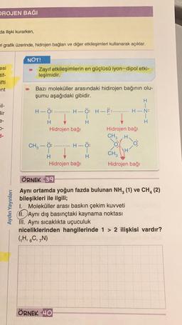 DROJEN BAĞI
da ilişki kurarken,
ri grafik üzerinde, hidrojen bağları ve diğer etkileşimleri kullanarak açıklar.
esi
tif-
ifti
ent
-il-
Bir
e-
d-
Aydın Yayınları
NOT!
→ Zayıf etkileşimlerin en güçlüsü iyon-dipol etki-
leşimidir.
Bazı moleküller arasındaki hidirojen bağının olu-
şumu aşağıdaki gibidir.
H-Ö:
H
Hidrojen bağı
CH, — Ô:
1
H
H-Ö: H-F:
1
H
H-Ö:
Hidrojen bağı
ÖRNEK 40
H
H-N:
Hidrojen bağı
CH3 H
o
H
CH3
Hidrojen bağı
H
ÖRNEK 39
Aynı ortamda yoğun fazda bulunan NH3 (1) ve CH4 (2)
bileşikleri ile ilgili;
1. Moleküller arası baskın çekim kuvveti
1. Aynı dış basınçtaki kaynama noktası
III. Aynı sıcaklıkta uçuculuk
niceliklerinden hangilerinde 1 > 2 ilişkisi vardır?
(₁H, 6C, 7N)