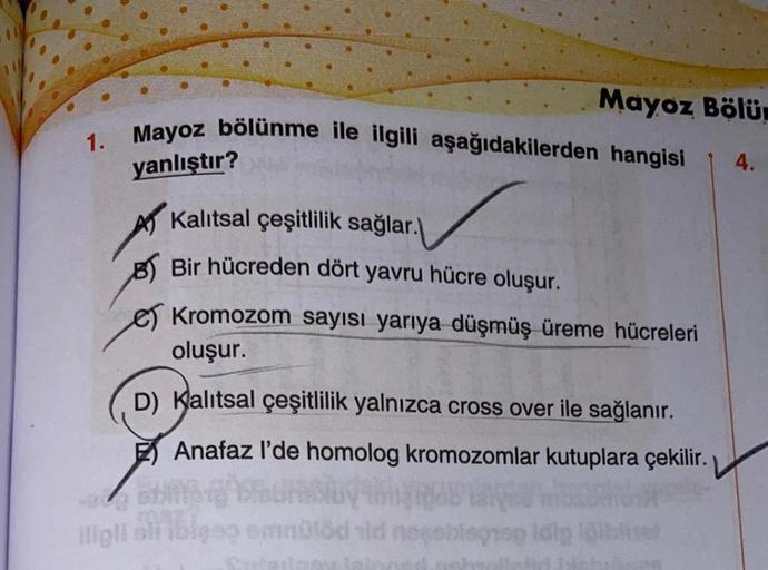 1.
Mayoz Bölüm
Mayoz bölünme ile ilgili aşağıdakilerden hangisi
yanlıştır?
Kalıtsal çeşitlilik sağlar.
B)Bir hücreden dört yavru hücre oluşur.
Kromozom sayısı yarıya düşmüş üreme hücreleri
oluşur.
D) Kalıtsal çeşitlilik yalnızca cross over ile sağlanır.
An