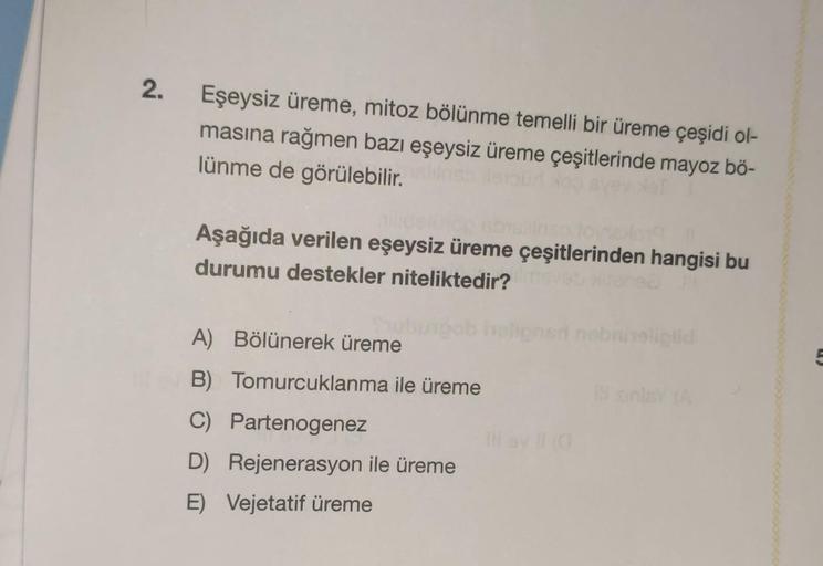 2.
Eşeysiz üreme, mitoz bölünme temelli bir üreme çeşidi ol-
masına rağmen bazı eşeysiz üreme çeşitlerinde mayoz bö-
lünme de görülebilir.
Aşağıda verilen eşeysiz üreme çeşitlerinden hangisi bu
durumu destekler niteliktedir?
A) Bölünerek üreme
B) Tomurcukl