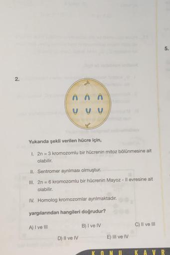 2.
^^^
Y Y Y
Superjob hol
Yukarıda şekli verilen hücre için,
1. 2n = 3 kromozomlu bir hücrenin mitoz bölünmesine ait
olabilir.
II. Sentromer ayrılması olmuştur.
III. 2n = 6 kromozomlu bir hücrenin Mayoz - il evresine ait
olabilir.
IV. Homolog kromozomlar a