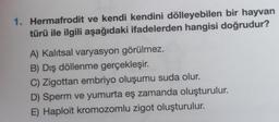 1. Hermafrodit ve kendi kendini dölleyebilen bir hayvan
türü ile ilgili aşağıdaki ifadelerden hangisi doğrudur?
A) Kalıtsal varyasyon görülmez.
B) Dış döllenme gerçekleşir.
C) Zigottan embriyo oluşumu suda olur.
D) Sperm ve yumurta eş zamanda oluşturulur.
E) Haploit kromozomlu zigot oluşturulur.