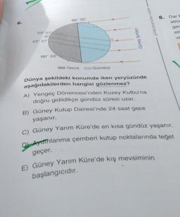 6.
23° 27'
0°
23° 27'
66° 33'
66° 33'
Gece
Gündüz
Güneş Işınları
yildizsorular.com-
Dünya şekildeki konumda iken yeryüzünde
aşağıdakilerden hangisi gözlenmez?
A) Yengeç Dönencesi'nden Kuzey Kutbu'na
doğru gidildikçe gündüz süresi uzar.
B) Güney Kutup Dairesi'nde 24 saat gece
yaşanır.
8.
E) Güney Yarım Küre'de kış mevsiminin
başlangıcıdır.
Dar b
atmo
ger
atr
ve
C) Güney Yarım Küre'de en kısa gündüz yaşanır.
D) Aydmhlanma çemberi kutup noktalarında teğet
geçer.