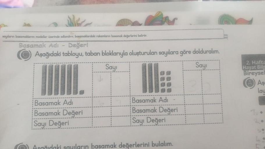 sayıların basamaklarini modeller üzerinde adlandırır, basamaklardaki rakamların basamak değerlerini belirtir.
Basamak Adı - Değeri
Aşağıdaki tabloyu, taban bloklarıyla oluşturulan sayılara göre dolduralım.
Sayı
Sayı
III
Basamak Adı
Basamak Değeri
Sayı Değe