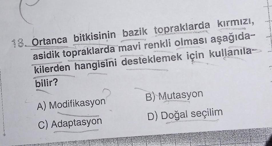 18. Ortanca bitkisinin bazik topraklarda kırmızı,
asidik topraklarda mavi renkli olması aşağıda-
kilerden hangisini desteklemek için kullanıla
bilir?
A) Modifikasyon
C) Adaptasyon
B) Mutasyon
D) Doğal seçilim