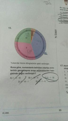 15.
23_1002
11
6v
$
Yukarıda hücre döngüsünün şekli verilmiştir.
Buna göre, numaralarla belirtilen interfaz evre-
lerinin gerçekleşme sırası seçeneklerden han-
gisinde doğru verilmiştir?
A) I-T-III
B) I-H-11
D)-III-1
G) ||-|-|||
E) M-1-11
SINAV
Bu olay asa