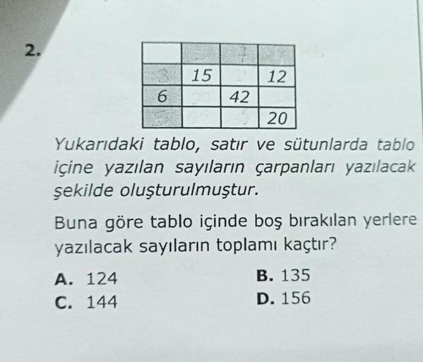 2.
36
15
A. 124
C. 144
42
12
20
Yukarıdaki tablo, satır ve sütunlarda tablo
içine yazılan sayıların çarpanları yazılacak
şekilde oluşturulmuştur.
Buna göre tablo içinde boş bırakılan yerlere
yazılacak sayıların toplamı kaçtır?
B. 135
D. 156
