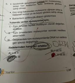 . Gözlerinde gerçekleşen kalıtsal bir mutasyondan
dolayı Van kedilerinin farklı renklerde gözlere
sahip olması
8.
Göz rengi bakımından mutasyona uğrayan sirke si-
neklerinin kırmızı ya da beyaz gözlere sahip olması
• Bakterilerin antibiyotik direnci göstermesi
Yukarıda verilen mutasyonlar için;
I. Tüm ömekler faydalı mutasyon olarak değerlen-
dirilebilir.
H. Tüm örneklerdeki mutasyonlar sonraki nesillere
aktarılabilir.
III. Örneklerdeki tüm mutasyonlarda DNA'nın sadece
gen işleyişi değişmiştir
ifadelerinden hangileri ortaktır?
6.
A) Ive Il
Yayınları
e III
ORTA
B) ve III
I ve III
Deng
besin
bozu
Aşai
8. SINIF