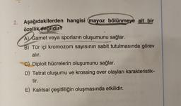 2. Aşağıdakilerden hangisi mayoz bölünmeye ait bir
özellik değildir?
A) Gar
A)
Gamet veya sporların oluşumunu sağlar.
B) Tür içi kromozom sayısının sabit tutulmasında görev
alır.
C) Diploit hücrelerin oluşumunu sağlar.
D) Tetrat oluşumu ve krossing over olayları karakteristik-
tir.
E) Kalıtsal çeşitliliğin oluşmasında etkilidir.