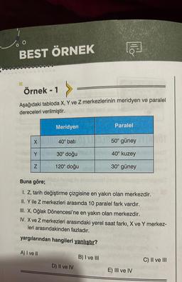 O
BEST ÖRNEK
Örnek - 1
Aşağıdaki tabloda X, Y ve Z merkezlerinin meridyen ve paralel
dereceleri verilmiştir.
X
Y
N
Meridyen
40° batı
A) I ve II
30° doğu
120° doğu
Buna göre;
I. Z, tarih değiştirme çizgisine en yakın olan merkezdir.
II. Y ile Z merkezleri arasında 10 paralel fark vardır.
Paralel
III. X, Oğlak Dönencesi'ne en yakın olan merkezdir.
IV. X ve Z merkezleri arasındaki yerel saat farkı, X ve Y merkez-
leri arasındakinden fazladır.
yargılarından hangileri yanlıştır?
D) II ve IV
50° güney
40° kuzey
30° güney
B) I ve III
E) III ve IV
C) II ve III