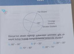 1
Yer Ekseni
D) 70°-90°
120°
Yörünge
Düzlemi
Ekvator Düzlemi
Dünya'nın eksen eğikliği yukarıdaki şekildeki gibi ol-
saydı kutup kuşağı hangi enlemler arasında olurdu?
A) 66°-90°
B) 0° -20°
C) 20° -30°
E) 20° -70°