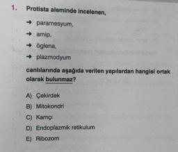 1.
Protista aleminde incelenen,
paramesyum,
➜amip,
➜ öglena,
→ plazmodyum
canlılarında aşağıda verilen yapılardan hangisi ortak
olarak bulunmaz?
A) Çekirdek
B) Mitokondri
C) Kamçı
D) Endoplazmik retikulum
E) Ribozom