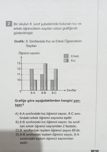 2 Bir okulun 8. sınıf şubelerinde bulunan kız ve
erkek öğrencilerin sayıları sütun grafiğinde
gösterilmiştir.
Grafik: 8. Sınıflardaki Kız ve Erkek Öğrencilerin
Sayıları
Öğrenci sayıları
13-
12+
11-
10-
: Erkek
: Kız
8-C
Sınıflar
8-A 8-B
Grafiğe göre aşağıd