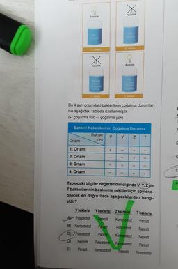 Ortam
Aydınlık
1. Ortam
2. Ortam
3. Ortam
4. Ortam
1. ortam
X
E)
Karanlık
Mineral
Aminoast
Glikoz
3. ortam
Bu 4 ayrı ortamdaki bakterilerin çoğalma durumları
ise aşağıdaki tabloda özetlenmiştir.
(+: çoğalma var, -: çoğalma yok)
V
+ 1
Bakteri Kolonilerinin Çoğalma Durumu
Bakteri
Y
türü
-
V bakterisi Y bakterisi
Fotoototrof Saprofit
B)
Kemoototrof Parazit
C) Fotoototrof Parazit
Saprofit
Parazit
Karanlık
-
2. ortam
+
Aydınlık
Nigasta
4. ortam
N
+
+
+
+
T
I
I
Tablodaki bilgiler değerlendirildiğinde V, Y, Z ve
T bakterilerinin beslenme şekilleri için söylene-
bilecek en doğru ifade aşağıdakilerden hangi-
sidir?
+
Z bakterisi T bakterisi
Kemoototrof
Parazit
Fotoototrof
Saprofit
Kemoototrof
Saprofit
Fotoototrof Kemoototrof
Parazit
Kemoototrof Saprofit
Fotoototrof
li
E
C
D
E