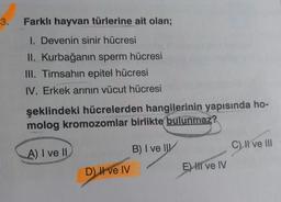 3.
Farklı hayvan türlerine ait olan;
I. Devenin sinir hücresi
II. Kurbağanın sperm hücresi
III. Timsahın epitel hücresi
IV. Erkek arının vücut hücresi
şeklindeki hücrelerden hangilerinin yapısında ho-
molog kromozomlar birlikte bulunmaz?
A) I ve II
D) Il ve IV
B) I ve II
E) II ve IV
C)
C) I ve III