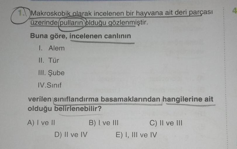 (1)
1. Makroskobik olarak incelenen bir hayvana ait deri parçası
üzerinde pulların olduğu gözlenmiştir.
Buna göre, incelenen canlının
I. Alem
II. Tür
III. Şube
IV.Sınıf
verilen sınıflandırma basamaklarından hangilerine ait
olduğu belirlenebilir?
A) I ve II