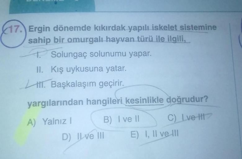 17. Ergin dönemde kıkırdak yapılı iskelet sistemine
sahip bir omurgalı hayvan türü ile ilgili,
P Solungaç solunumu yapar.
II. Kış uykusuna yatar.
I. Başkalaşım geçirir.
yargılarından hangileri kesinlikle doğrudur?
A) Yalnız I
B) I ve II
C) Lve HI7
D) II ve