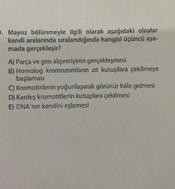 . Mayoz bölünmeyle ilgili olarak aşağıdaki olaylar
kendi aralarında sıralandığında hangisi üçüncü aşa-
mada gerçekleşir?
A) Parça ve gen alışverişinin gerçekleşmesi
B) Homolog kromozomların zıt kutuplara çekilmeye
başlaması
C) Kromotinlerin yoğunlaşarak görünür hâle gelmesi
D) Kardeş kromotitlerin kutuplara çekilmesi
E) DNA'nın kendini eşlemesi