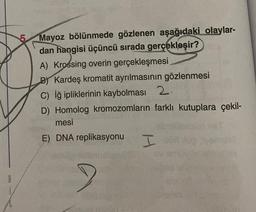 Mayoz bölünmede gözlenen aşağıdaki olaylar-
dan hangisi üçüncü sırada gerçekleşir?
A) Krossing overin gerçekleşmesi
B) Kardeş kromatit ayrılmasının gözlenmesi
C) İğ ipliklerinin kaybolması 2
D) Homolog kromozomların farklı kutuplara çekil-
mesi
E) DNA replikasyonu
2
H