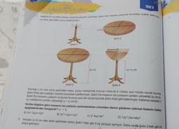 1
ÜNİTE 3
Cebirsel ifadeler ve Özdeşlikler
1. Aşağıda bir yuvarlak masayı oluşturan parçalar verilmiştir. Şekil-1'de masanın yüzeyinin konulduğu ayaklık, Şekil-2'de
ise daire şeklindeki yüzeyi gösterilmiştir.
Şekil-1
2y cm
x cm
Şekil-2
TEST 3
(y+x) cm
Şekil-3
Şekil-4
Kalınlığı x cm olan daire şeklindeki masa, yüzey merkezinde bulunan nokta ile K noktası aynı hizada olacak biçimde
Şekil-3'teki gibi ayaklığın üzerine konularak sabitlenmiştir. Şekil-3'te masanın üst yüzeyinin yerden yüksekliği 2y cm'dir.
Şekil-3'te masanın yüzeyini oluşturan iki parça yere dik olacak biçimde Şekil-4'teki gibi katlanmıştır. Katlanan parçaların
uç noktalarının yerden yüksekliği (y + x) cm'dir.
Verilen bilgilere göre masanın üst yüzünün santimetrekare cinsinden alanını gösteren cebirsel ifadenin özdeşi
aşağıdakilerden hangisidir? ( = 3)
A) 3y²-12yx+12x²
B) 3y²+12yx+12x²
C) y²-4xy+4x²
D) 12y²-24x+48x²
2. Yarıçapı (x-3) cm olan daire şeklindeki karton Şekil-1'deki gibi 4 eş parçaya ayrılıyor. Daha sonra Şekil-2'deki gibi bir
araya getiriliyor.
3.