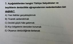 5. Aşağıdakilerden hangisi Türkiye Selçukluları ve
beyliklerin denizcilikle uğraşmalarının nedenlerinden biri
değildir?
A) Yeni fetihler gerçekleştirmek
B) Ticareti canlandırmak
C) Devleti güçlü hâle getirmek
D) Kıyı bölgelerini denizden korumak
E) Okyanus denizciliğinde ilerlemek