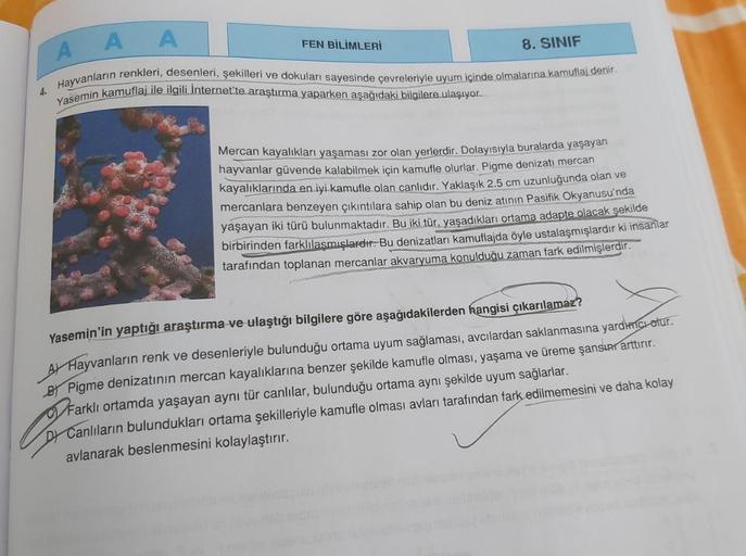 4.
AAA
Hayvanların renkleri, desenleri, şekilleri ve dokuları sayesinde çevreleriyle uyum içinde olmalarına kamuflaj denir.
Yasemin kamuflaj ile ilgili internet'te araştırma yaparken aşağıdaki bilgilere ulaşıyor.
FEN BİLİMLERİ
8. SINIF
Mercan kayalıkları y