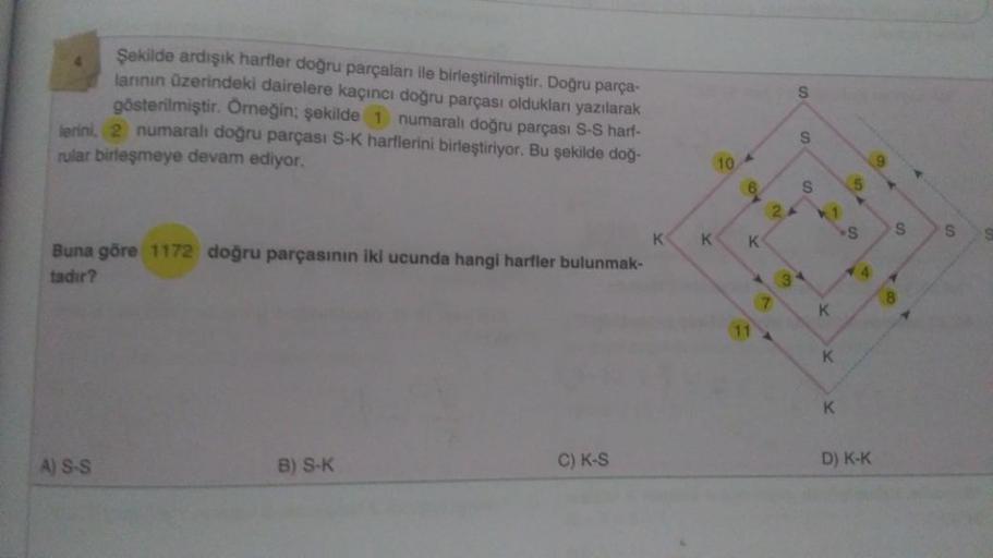 Şekilde ardışık harfler doğru parçaları ile birleştirilmiştir. Doğru parça-
larının üzerindeki dairelere kaçıncı doğru parçası oldukları yazılarak
gösterilmiştir. Örneğin; şekilde 1 numaralı doğru parçası S-S harf-
lerini. 2 numaralı doğru parçası S-K harf