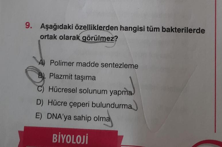 9. Aşağıdaki özelliklerden hangisi tüm bakterilerde
ortak olarak görülmez?
A) Polimer madde sentezleme
B). Plazmit taşıma
C) Hücresel solunum yapma
D) Hücre çeperi bulundurma
E) DNA'ya sahip olma
BİYOLOJİ