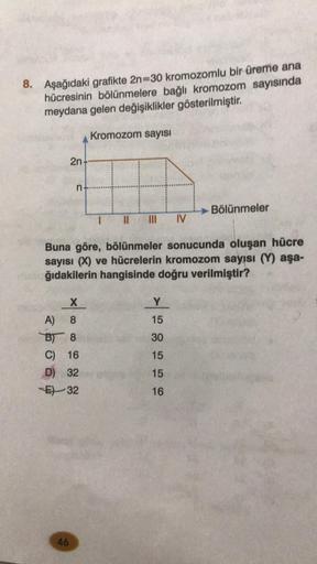 8. Aşağıdaki grafikte 2n=30 kromozomlu bir üreme ana
hücresinin bölünmelere bağlı kromozom sayısında
meydana gelen değişiklikler gösterilmiştir.
2n
n
46
X
A)
8
B) 8
C) 16
D) 32
E32
Kromozom sayısı
|||
Buna göre, bölünmeler sonucunda oluşan hücre
sayısı (X)