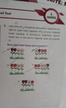 esil Test
3.
FASİKÜL
AS
3. Hale (NH NO₂) bileşiğinde elementlerin değerlikleri ile
ilgili bir çiçek resmi yapacak. NH iyonunun değerlig
kadar papatya, N atomlarının değerlikleri toplam
kadar lale, H atomlarının değerliği kadar gül çizecek-
tir.
Buna göre Hale hangi resmi çizmiştir?
00
00