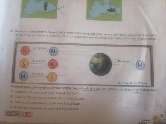 4. Samanyolu galaksisinde bulunan üç farklı yıldızın birbirine olan uzaklıkları ve mavi bir yıldızın Dünya'mıza olan uzaklığı
ışık yılı cinsinden verilmiştir. Görselde yalnızca yıldızlar arası mesafe ile ilgili bilgi verilmiş, konumları rastgele gösteril-
