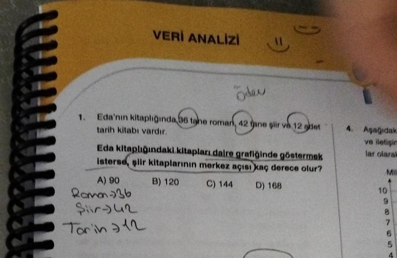 1.
VERİ ANALİZİ
Oder
Eda'nın kitaplığında 36 tahe romani, 42 tane şiir ve 12 adet
tarih kitabı vardır.
an, 42 Jane gir vo 12 ok
Eda kitaplığındaki kitapları daire grafiğinde göstermek
isterse, şiir kitaplarının merkez açısı kaç derece olur?
B) 120
C) 144
D