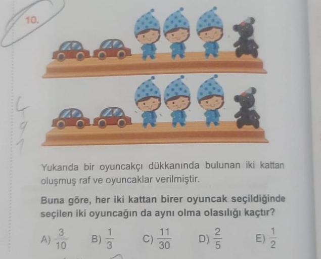 10.
Yukarıda bir oyuncakçı dükkanında bulunan iki kattan
oluşmuş raf ve oyuncaklar verilmiştir.
Buna göre, her iki kattan birer oyuncak seçildiğinde
seçilen iki oyuncağın da aynı olma olasılığı kaçtır?
A)
3
10
B)
3
C)
11
30
D)
2
5
E)
1