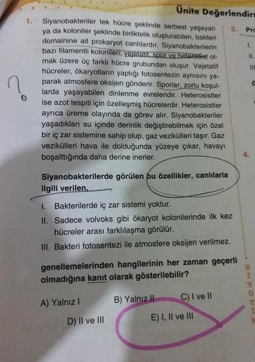 1.
Siyanobakteriler tek hücre şeklinde serbest yaşayan
ya da koloniler şeklinde birliktelik oluşturabilen, bakteri
domainine ait prokaryot canlılardır. Siyanobakterilerin
bazı filamentli kolonileri; vejetatif, spor ve heterogist ol-
mak üzere üç farklı hüc