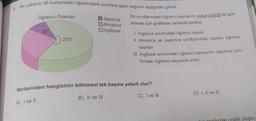 9. Bir yabancı dil kursundaki öğrencilerin sınıflara göre dağılımı aşağıdaki gibidir.
Öğrenci Oranları
30°
270°
Japonca
Almanca
Ingilizce
Dil sınıflarındaki öğrenci sayılarını sütun grafiği ile gös-
termek için grafikteki verilerle birlikte;
1. Ingilizce sınıfındaki öğrenci sayısı
II. Almanca ve Japonca sınıflarındaki toplam öğrenci
sayıları
III. Ingilizce sınıfındaki öğrenci sayısının Japonca sını-
fındaki öğrenci sayısına oranı
Verilerinden hangisinin bilinmesi tek başına yeterli olur?
A) I ve II
B) II ve III
C) I ve III
D) I, II ve Ill
afik oluştu-
